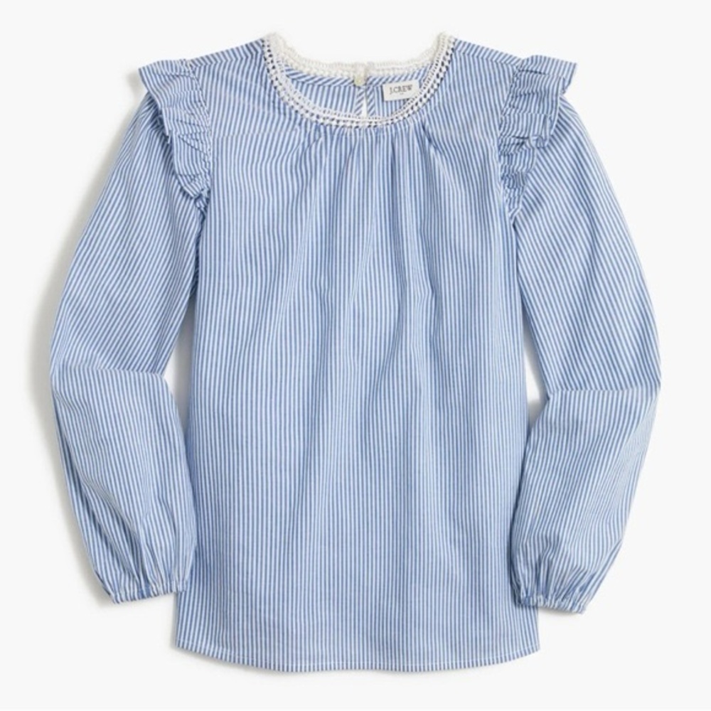 J. Crew Blue Striped Ruffle Blouse Lace Long-sleeve ruffle-shoulder top✨